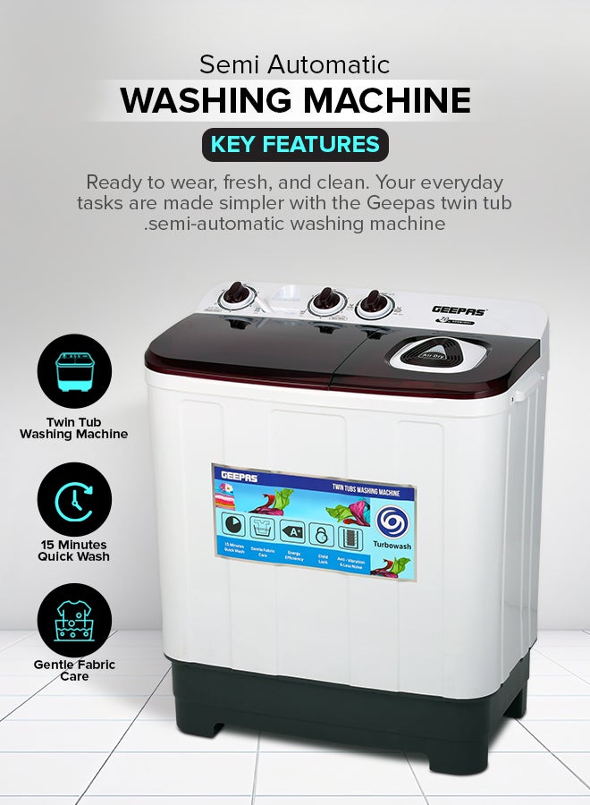 GEEPAS TwinTub Semi- Automatic 7 Kg Washing Machine |  Top Load Semi Automatic Washing Machine Quick Turbo Wash |Transparent Top Lid 7 kg 350 W GSWM18041 White/Grey/Meroon - Image 2
