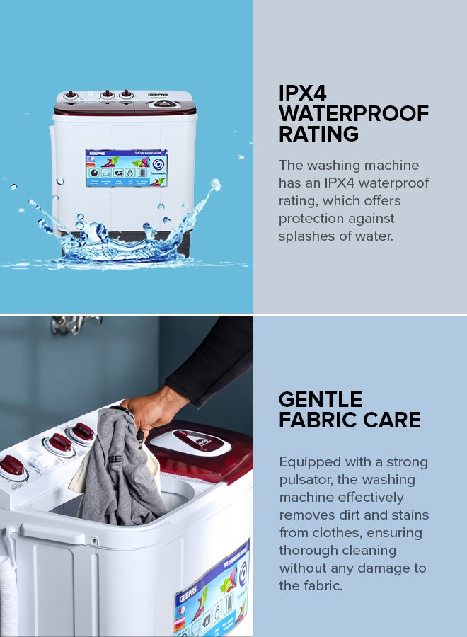 GEEPAS TwinTub Semi- Automatic 7 Kg Washing Machine |  Top Load Semi Automatic Washing Machine Quick Turbo Wash |Transparent Top Lid 7 kg 350 W GSWM18041 White/Grey/Meroon - Image 5