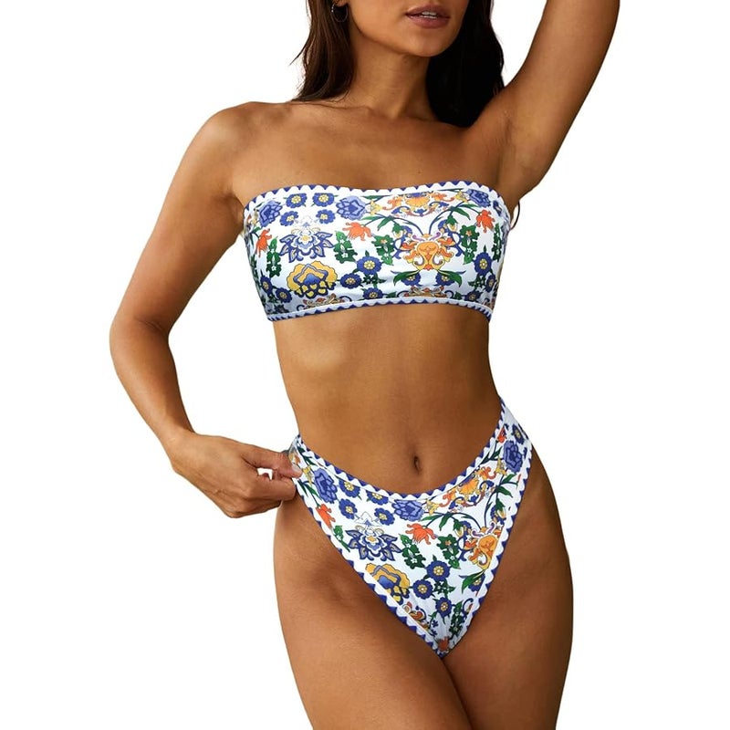 ZAFUL Women Strapless Bikini Set Lace Up Ribbed High Cut Bandeau 2 Piece Swimsuit - Image 1