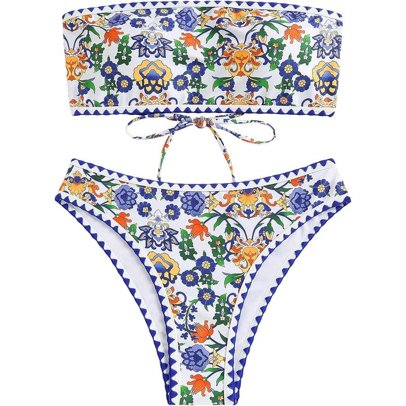 ZAFUL Women Strapless Bikini Set Lace Up Ribbed High Cut Bandeau 2 Piece Swimsuit - Image 2