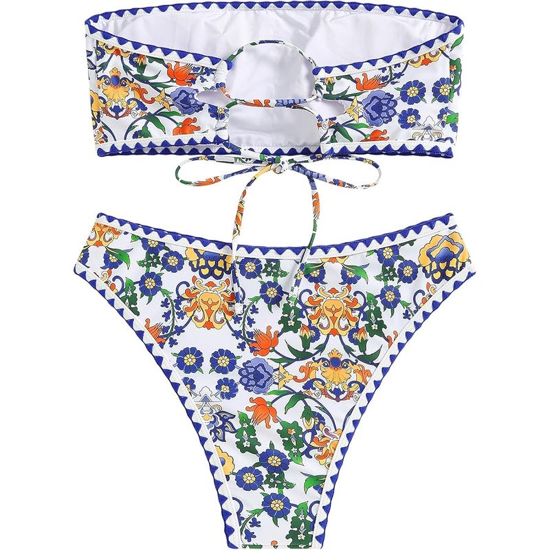 ZAFUL Women Strapless Bikini Set Lace Up Ribbed High Cut Bandeau 2 Piece Swimsuit - Image 3