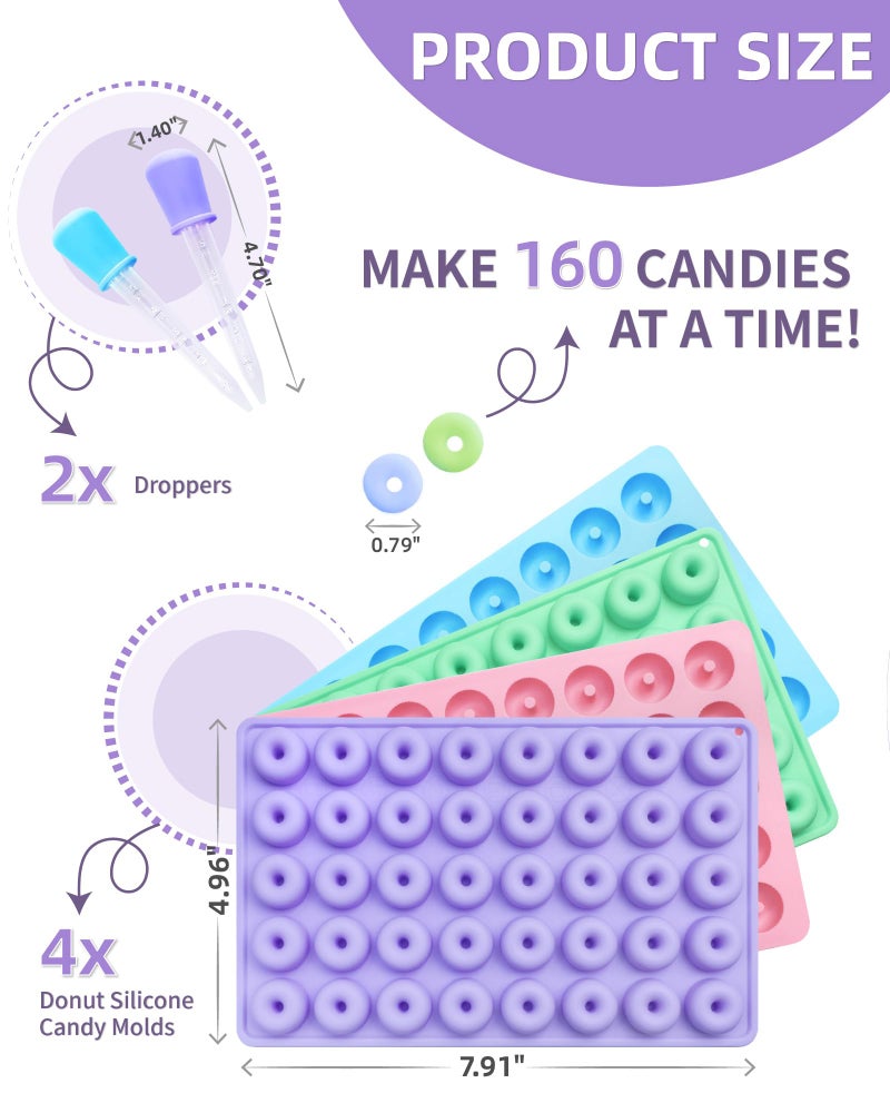 KKDINDAN Donut Silicone Candy Molds with 2 Droppers, 4 Packs Mini Donut Pan Mold Gummy Mold, 40-Cavities Non-Stick Food Grade Mold for Hard Candies, Chocolate, Ice Cube, Jelly - Image 3