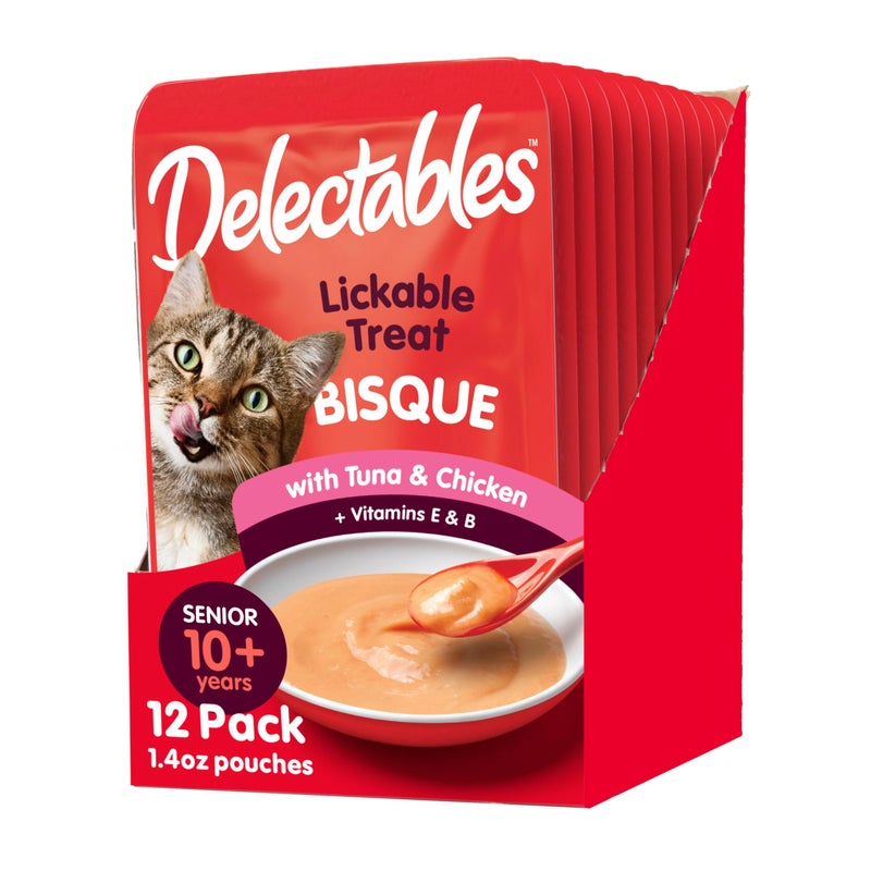 Hartz Delectables Bisque Lickable Wet Cat Treats with Tuna & chicken, Senior Cats 10+ years, 1.4 Ounce (Pack of 12) - Packaging May Vary - Image 1