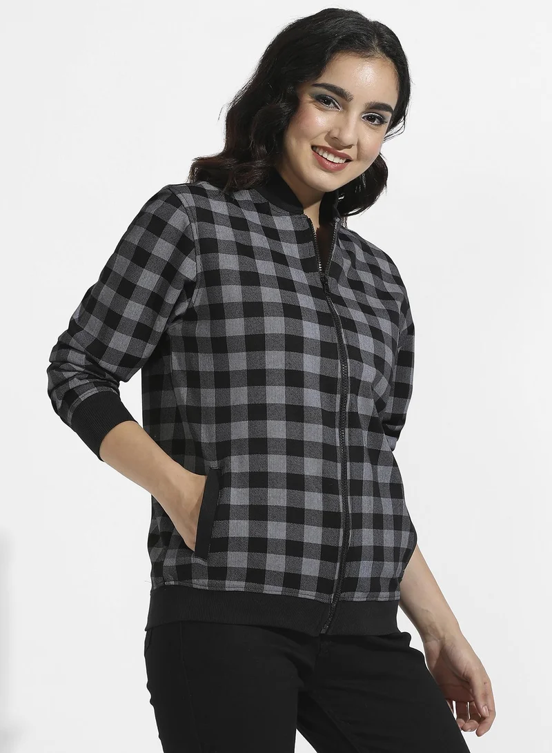Campus Sutra Women's Black Zip-Front Checkered Jacket With Ribbed Hem