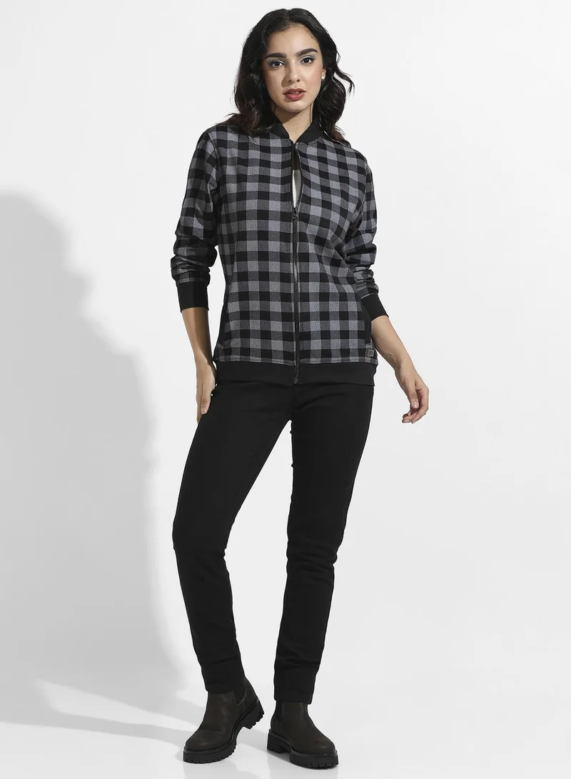 Campus Sutra Women's Black Zip-Front Checkered Jacket With Ribbed Hem