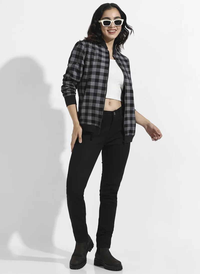Campus Sutra Women's Black Zip-Front Checkered Jacket With Ribbed Hem