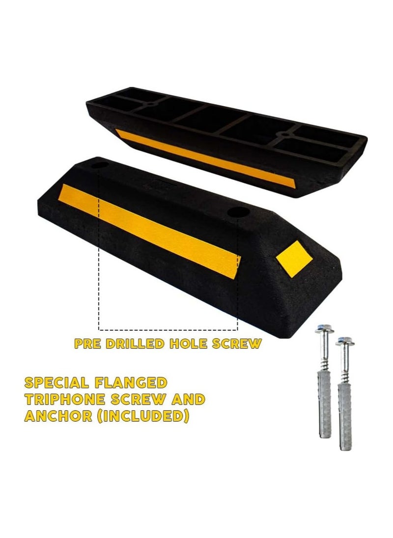 BERRY Berry 57CM Wheel Stopper – Heavy Duty Rubber Parking Blocks with Yellow Strips for Car Parking Areas | Set of 2 Black Wheel Stoppers  - Image 2