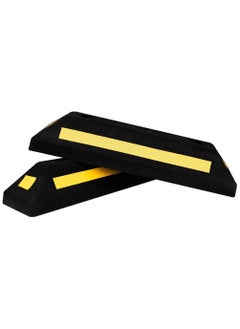 BERRY Berry 57CM Wheel Stopper – Heavy Duty Rubber Parking Blocks with Yellow Strips for Car Parking Areas | Set of 2 Black Wheel Stoppers  - Image 1
