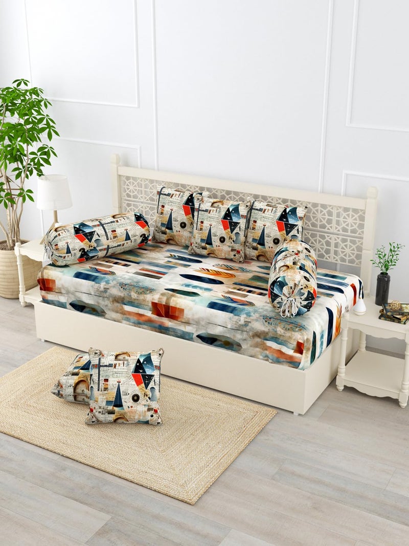 EVER HOME Diwan Set Covers Cotton 8 Pieces Pure Cotton Digital Printed Standard Diwan Set (1 Single Bedsheet, 2 Bolster Covers, 5 Cushion Covers) (EHSDAB03) - Image 1