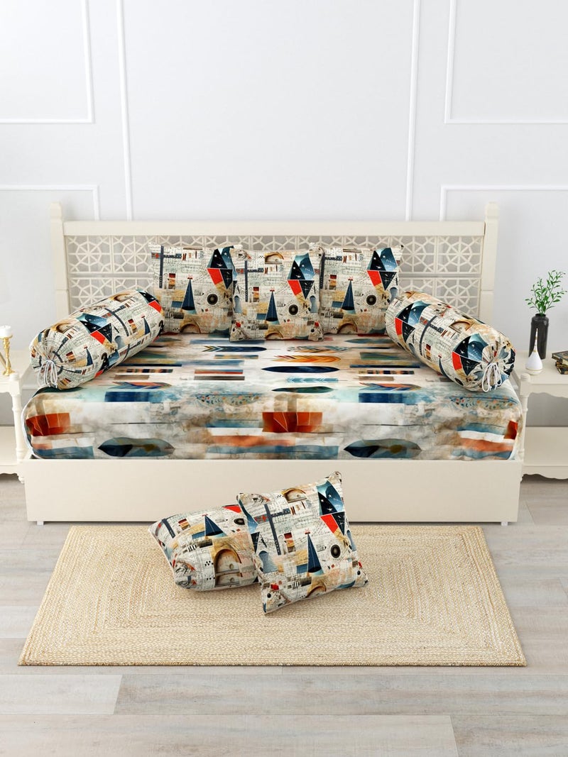 EVER HOME Diwan Set Covers Cotton 8 Pieces Pure Cotton Digital Printed Standard Diwan Set (1 Single Bedsheet, 2 Bolster Covers, 5 Cushion Covers) (EHSDAB03) - Image 2