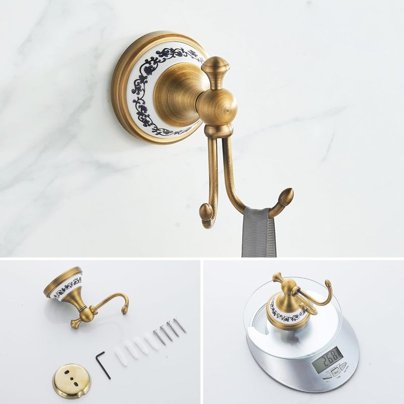 Antique Brushed Brass Towel Hook 6.7x8x6.5 Cm Blue and White Porcelain Design - Rust-Resistant Brass Bathroom Hook for Hotel Home Decor - Image 4