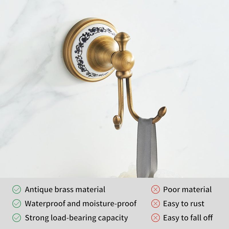 Antique Brushed Brass Towel Hook 6.7x8x6.5 Cm Blue and White Porcelain Design - Rust-Resistant Brass Bathroom Hook for Hotel Home Decor - Image 5