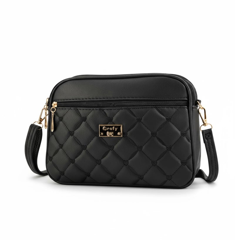 Crofy Four-Zip Crossbody Bag, Black Diamond Quilted PU - Image 1