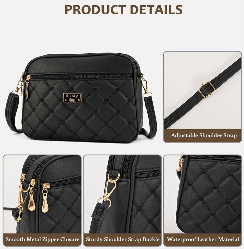 Crofy Four-Zip Crossbody Bag, Black Diamond Quilted PU - Image 5