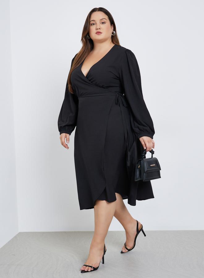 ستايلي فستان ميدي بمقاس كبير ونمط لف مع أكمام طويلة - Image 1