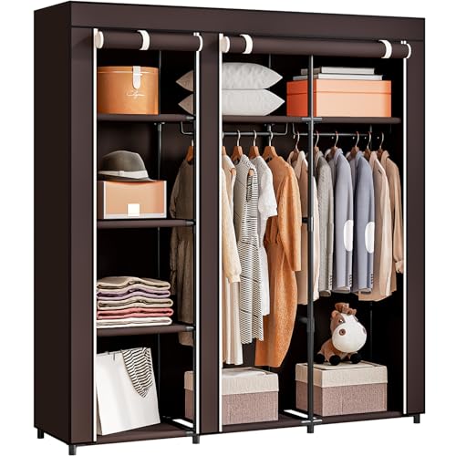 SORCEDAS Portable Wardrobe Closet Storage Organizer Metal Hanging Rack NonWoven Fabric Coffee 51 Inch