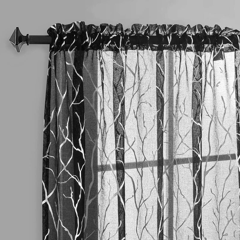 FINECITY Curtains 2 Pair Black Silver Sheer 52 x 84 Inch Rod Pocket Living Room Tree Branch Pattern