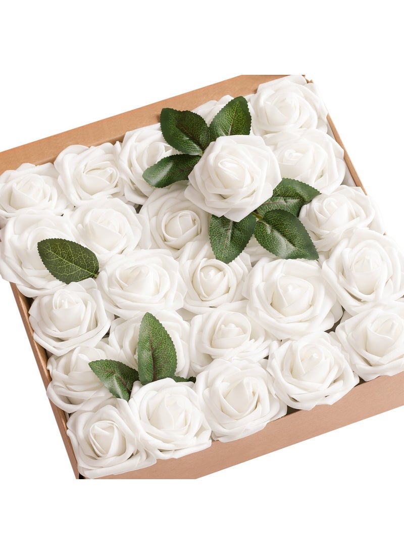 Ling's moment Lings Moment Artificial Flowers 50Pcs White Roses Decor wStems3 Real Touch DIY Foam Floral for Wedding BouquetCenterpieces Outdoors Party Backdrop RoomTable and GardenPot Decorations 