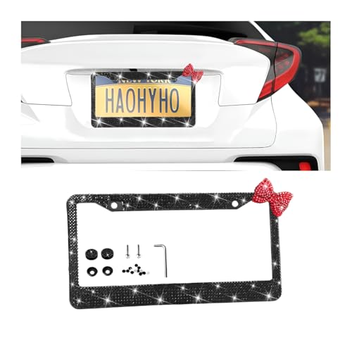 Sandfren Bling Car License Plate Frame for Women Stainless Steel Bow Tie Sparkly Rhinestone Diamond Auto Frame with Mounting Kit Glitter Crystal License Plate Cover Universal Fit BlackRed Bow - Image 1