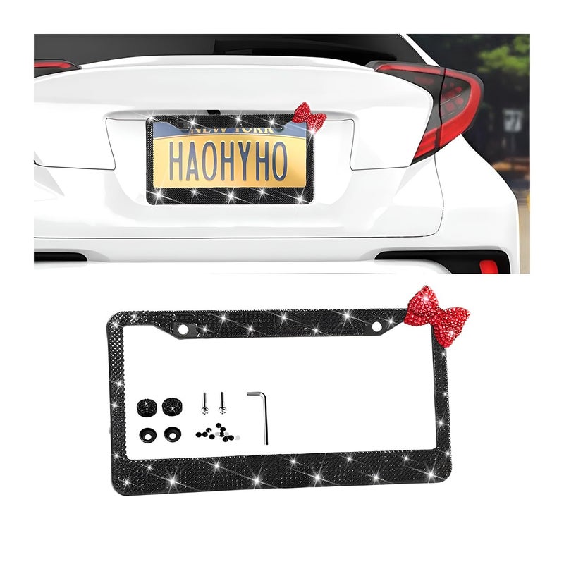 Sandfren Bling Car License Plate Frame for Women Stainless Steel Bow Tie Sparkly Rhinestone Diamond Auto Frame with Mounting Kit Glitter Crystal License Plate Cover Universal Fit BlackRed Bow - Image 3
