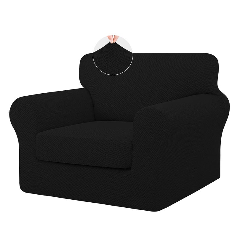 ISSUNTEX 2 Pieces High Stretch Thicken Chair Couch Covers Soft Sofa Slipcover for 1 Separate Cushion Couch Jacquard Fabric Elastic Sofa Cover Furniture Protector for Dogs Chair Black