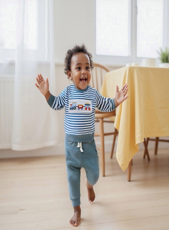 FOMOYUU Baby Boy Fall Winter Outfits Striped Embroidered Waffle Sweatshirt Infant Pullover Top Pants Sets Toddler Clothes (Blue-truck, 18-24 Months) - Image 3