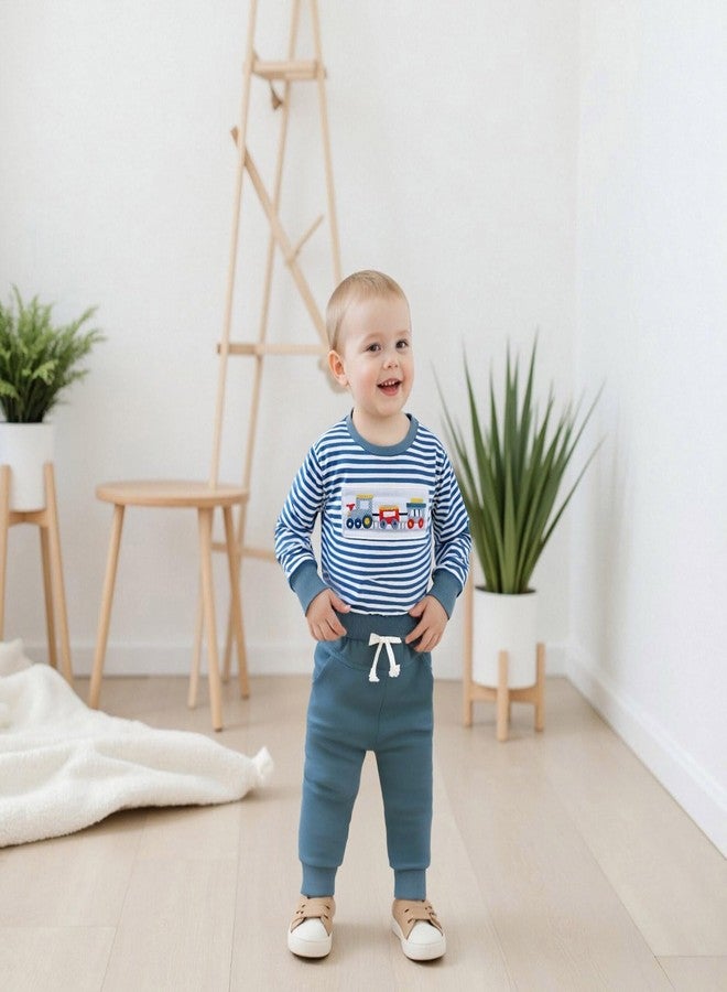 FOMOYUU Baby Boy Fall Winter Outfits Striped Embroidered Waffle Sweatshirt Infant Pullover Top Pants Sets Toddler Clothes (Blue-truck, 18-24 Months) - Image 4