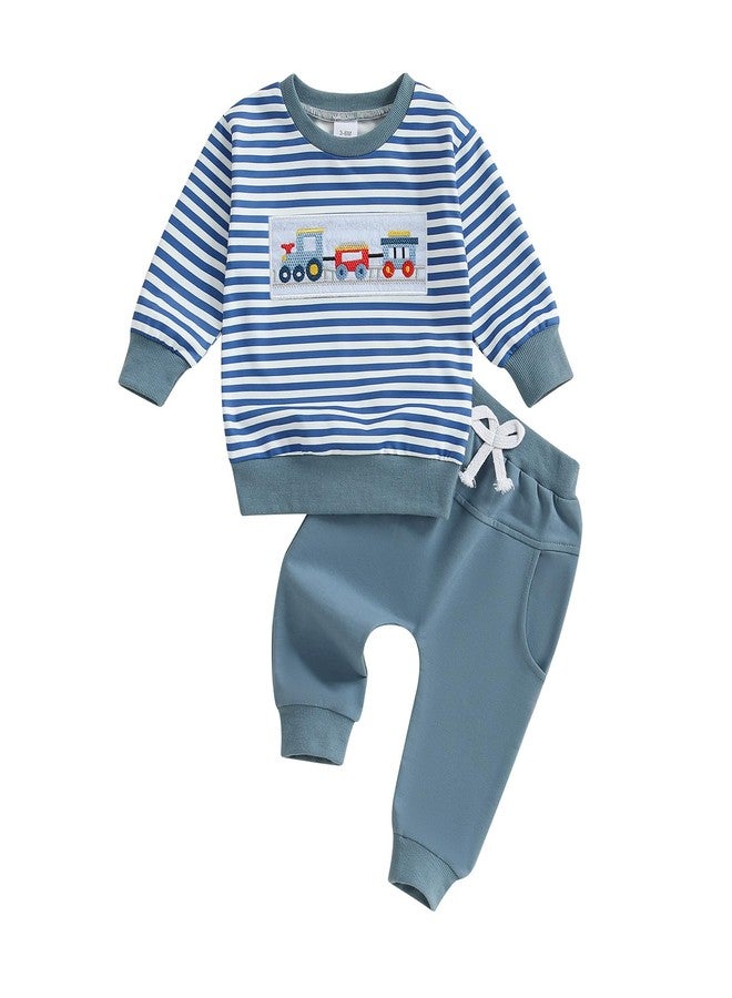 FOMOYUU Baby Boy Fall Winter Outfits Striped Embroidered Waffle Sweatshirt Infant Pullover Top Pants Sets Toddler Clothes (Blue-truck, 18-24 Months) - Image 1