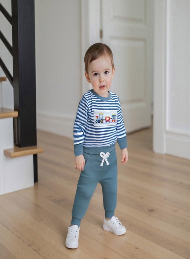 FOMOYUU Baby Boy Fall Winter Outfits Striped Embroidered Waffle Sweatshirt Infant Pullover Top Pants Sets Toddler Clothes (Blue-truck, 18-24 Months) - Image 2
