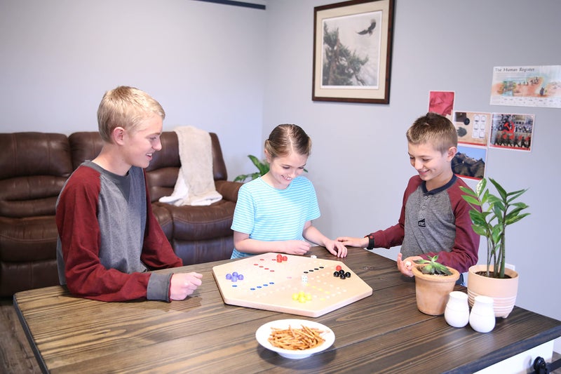AmishToyBox.com Wahoo Wooden Marble Game Board Set - Large 24" Wide - Solid Oak Wood - Double-Sided - with Large 22mm Marbles and Dice Included - Image 5