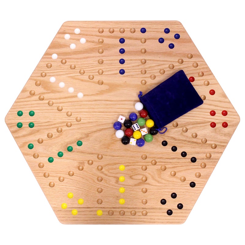 AmishToyBox.com Wahoo Wooden Marble Game Board Set - Large 24" Wide - Solid Oak Wood - Double-Sided - with Large 22mm Marbles and Dice Included - Image 3