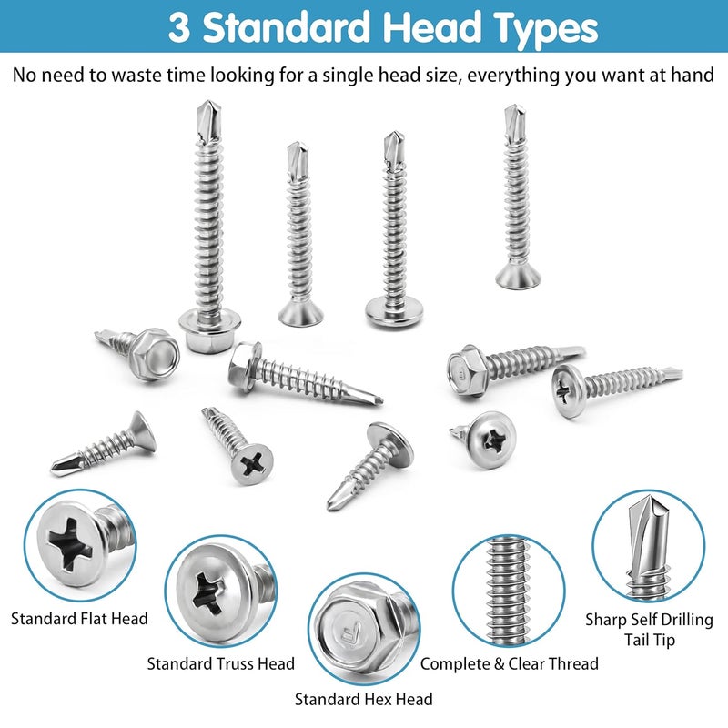 SATANTECH 410 Stainless Steel Self Tapping Screws for Metal, #8#10 Self Drilling Assortment Set, 425PCS Truss, Hex & Flat Head Sheet Metal Screws, Length 1/2" to 2" - Image 5