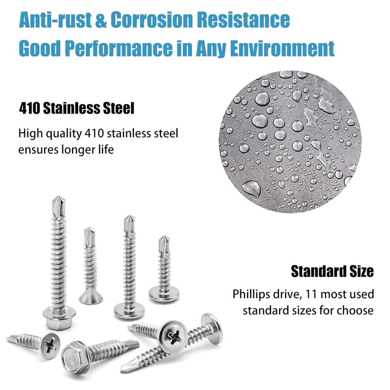 SATANTECH 410 Stainless Steel Self Tapping Screws for Metal, #8#10 Self Drilling Assortment Set, 425PCS Truss, Hex & Flat Head Sheet Metal Screws, Length 1/2" to 2" - Image 2