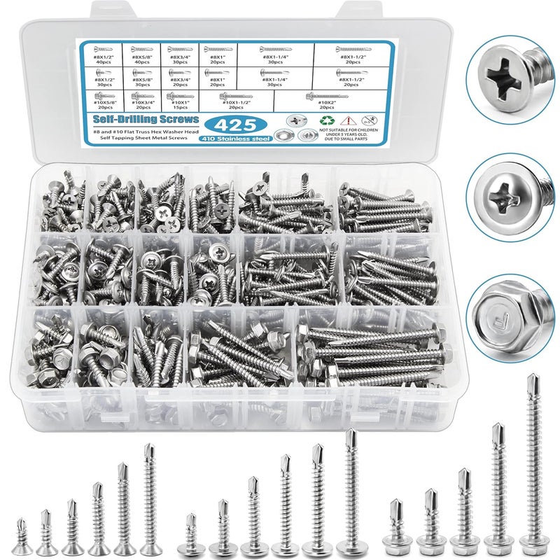 SATANTECH 410 Stainless Steel Self Tapping Screws for Metal, #8#10 Self Drilling Assortment Set, 425PCS Truss, Hex & Flat Head Sheet Metal Screws, Length 1/2" to 2" - Image 1