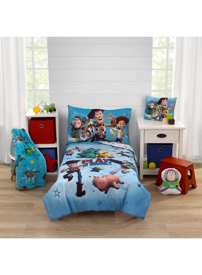 NoJo Disney Toy Story It's Play Time Blue, Green, Red, and Yellow, Woody and Buzz 4 Piece Toddler Bed Set - Comforter, Fitted Bottom Sheet, Flat Top Sheet, and Reversible Pillowcase - Image 1