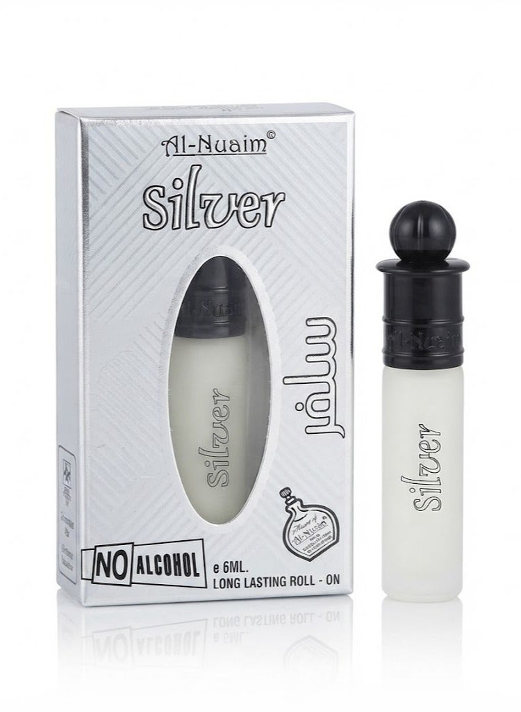 Al Nuaim Al-Nuaim Silver Attar Roll On Perfume Oil 6ml | Alcohol Free Concentrated Ittar for Men & Women | Long Lasting Premium Arabic Fresh Oriental Fragrance | Pocket Size Roll-On Attar - Image 1