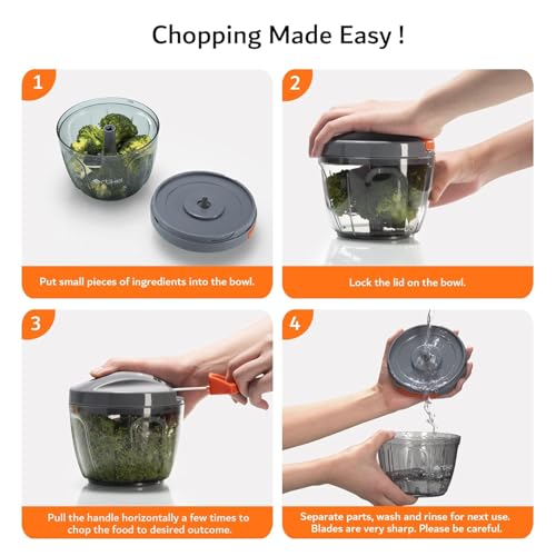 Artikel Manual Pull Chopper with Leak-Proof | 400ml Vegetable, Fruit, Nut, Herb, Spice & Boneless Meat Chopper | BPA-Free, Anti-Skid Base, Easy to Use, Clean & Store - Grey & Orange - Image 4