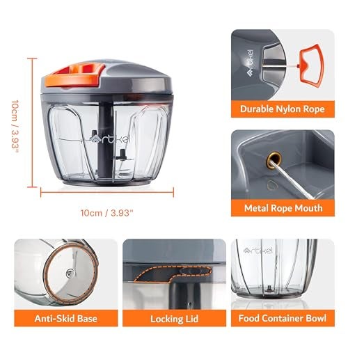 Artikel Manual Pull Chopper with Leak-Proof | 400ml Vegetable, Fruit, Nut, Herb, Spice & Boneless Meat Chopper | BPA-Free, Anti-Skid Base, Easy to Use, Clean & Store - Grey & Orange - Image 3