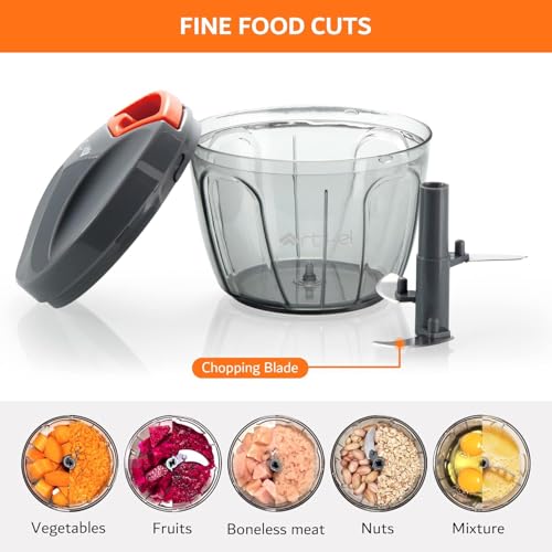 Artikel Manual Pull Chopper with Leak-Proof | 400ml Vegetable, Fruit, Nut, Herb, Spice & Boneless Meat Chopper | BPA-Free, Anti-Skid Base, Easy to Use, Clean & Store - Grey & Orange - Image 5