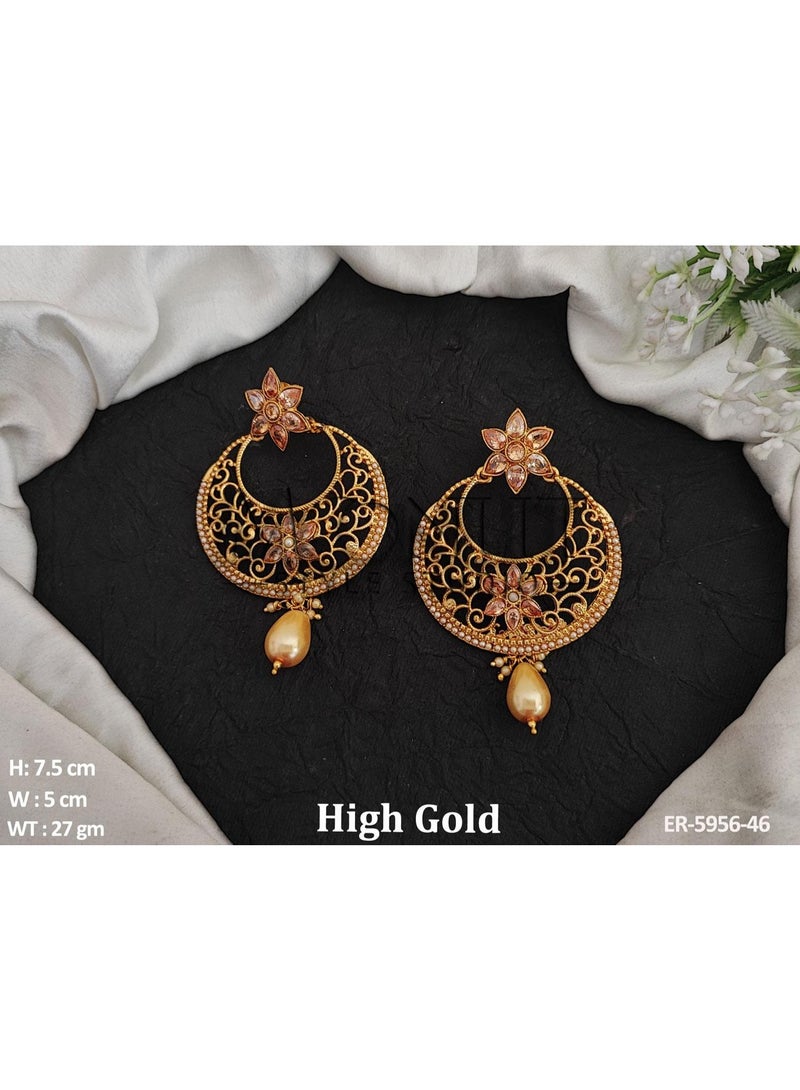High Gold-Tone Floral Filigree Chandbali Earrings