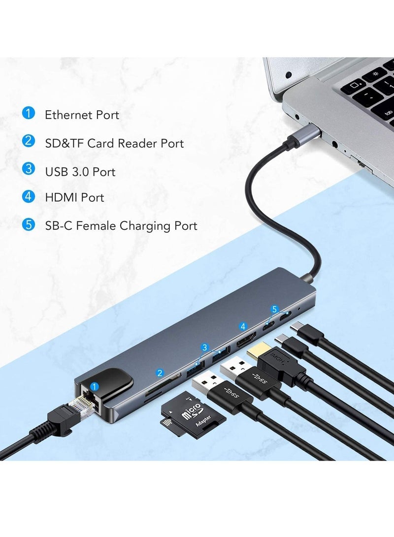ELTRAZONE محور USB C (محول متعدد الوظائف 8 في 1 لجهاز MacBook و Windows) / محطة إرساء USB / 4K HDMI، HDTV، بطاقة SD/TF، RJ45، USB C - Image 1