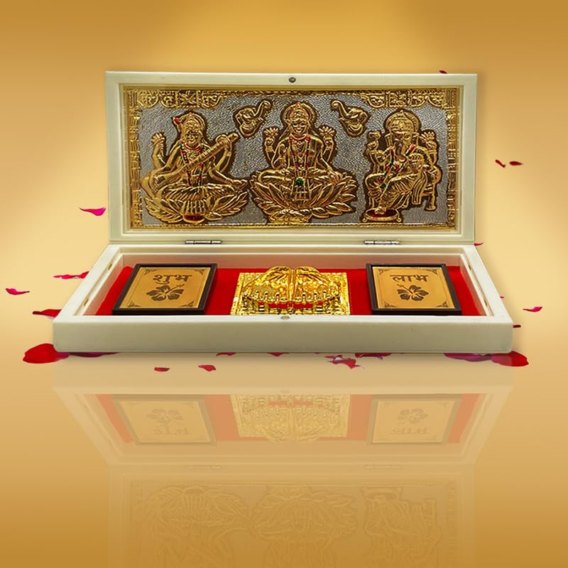 UAX UAX Gold Plated Laxmi Ganpati Saraswati Devotional Prayer Box With Charan Paduka for Pooja Return Gifts and Corporate Events AromaInfused Box f  - Image 1