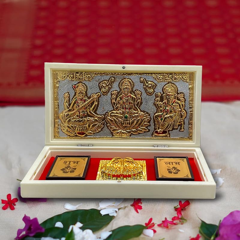 UAX UAX Gold Plated Laxmi Ganpati Saraswati Devotional Prayer Box With Charan Paduka for Pooja Return Gifts and Corporate Events AromaInfused Box f  - Image 3