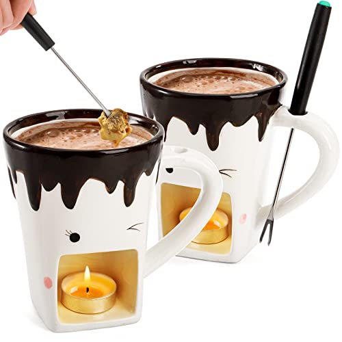 Dicunoy Set of 2 Fondue Mugs with Forks, Ceramic Personal Chocolate Melting Cup for Cheese, Individual Ceramic Butter Warmers Pot, Tealight Candle Mini Simmer Mug for Caramel, Tapas - Image 2