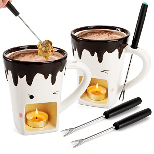 Dicunoy Set of 2 Fondue Mugs with Forks, Ceramic Personal Chocolate Melting Cup for Cheese, Individual Ceramic Butter Warmers Pot, Tealight Candle Mini Simmer Mug for Caramel, Tapas - Image 1