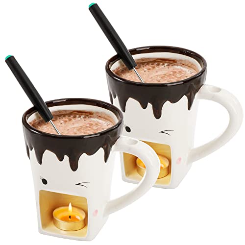Dicunoy Set of 2 Fondue Mugs with Forks, Ceramic Personal Chocolate Melting Cup for Cheese, Individual Ceramic Butter Warmers Pot, Tealight Candle Mini Simmer Mug for Caramel, Tapas - Image 3