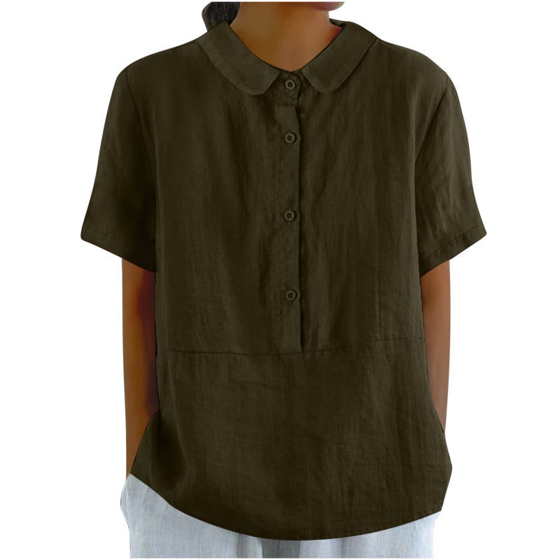 Amazon 2024 Spring New Women Fashion Casual Solid Color Cotton and Linen Top Army Green - Image 1