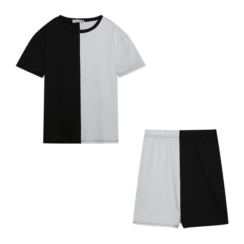2024 Contrast Casual Tee  Shorts Set black and white contrast