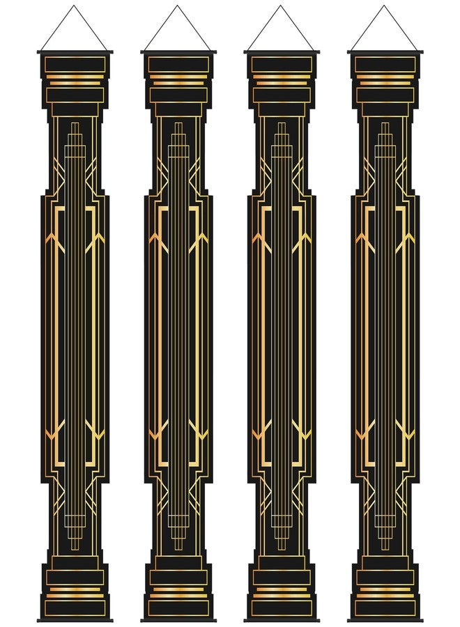 RoundFunny 4 Pcs Roaring 20s Party Decorations Black and Gold Column Door Porch Banner 1920s Hanging Banner Speakeasy Awards Wedding Decorations Supplies - Image 1