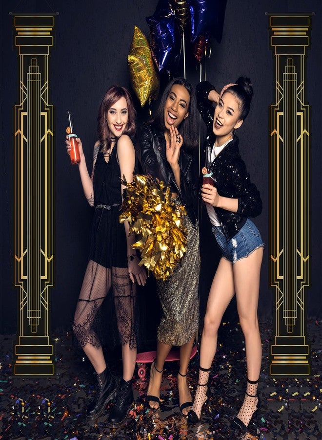 RoundFunny 4 Pcs Roaring 20s Party Decorations Black and Gold Column Door Porch Banner 1920s Hanging Banner Speakeasy Awards Wedding Decorations Supplies - Image 4